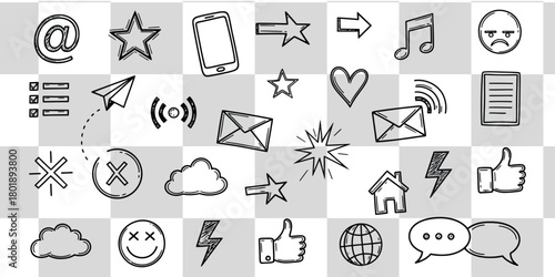 Doodle icons for communication, social media, and technology, perfect for website and app design