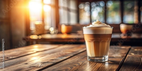 Aromatic Coffee Drink with Whipped Cream on Rustic Wooden Table in Sunlit Cafe