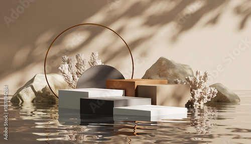 Fototapeta Naklejka Na Ścianę i Meble -  Artistic Product Display Featuring Organic Wood and Soft Geometry