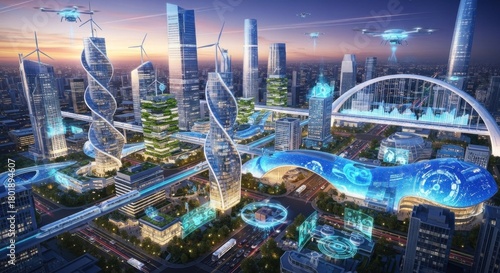 A futuristic cityscape with tall buildings, flying drones, and a futuristic skyline at sunset.