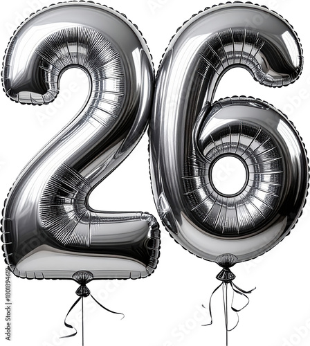 Large metallic silver foil balloon number 26 birthday anniversary milestone celebration.