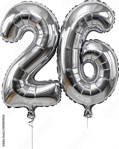 Bright metallic silver foil balloon number 26 floating party decoration element.