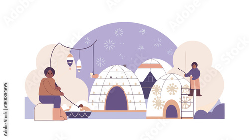 Charming illustration of a whimsical ice fishing village inhabited by adorable miniature snow creatures perfect for winter themed designs and children s stories