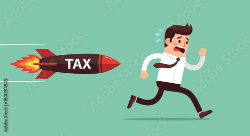 Man in Suit Fleeing from a Rocket Labeled TAX.