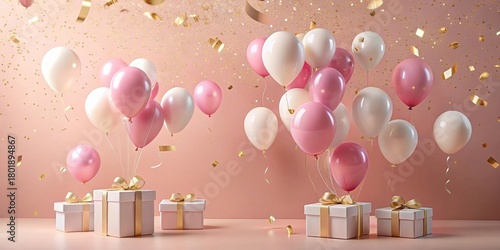 Pink and white balloons float above elegant gifts with gold ribbons, celebrating a joyous occasion amidst a shower of golden confetti on a soft pink background.
