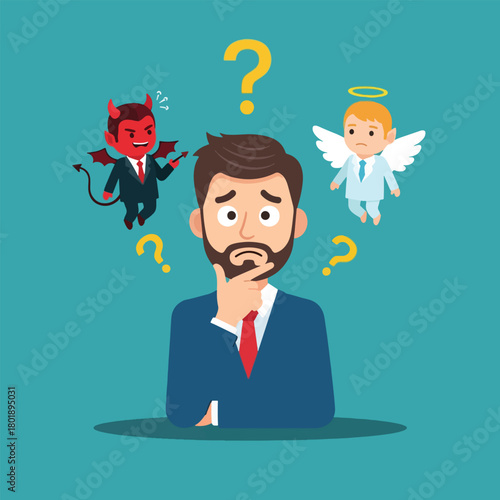 Man Pondering Decision Between Devil and Angel Surrounded by Question Marks.