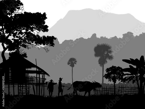 Farmer, Children, Rural life, Mountains, Silhouette, Traditional, Asian culture, Village scene, Farming, Agriculture, Countryside, 