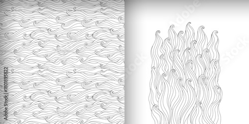 Hand drawn patterns with waves. Wavy curly hair seamless pattern, animal fur, black and white abstract background, texture.