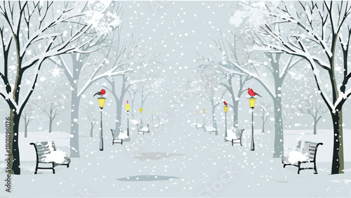 A long straight winter alley with snow covered benches on both sides creating a serene and quiet urban scene