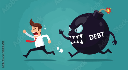 Man Running From Exploding Debt Bomb Character.