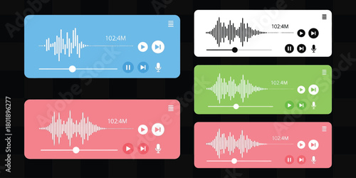 Dynamic audio waveform interfaces with playback controls and recording icons in vibrant colors