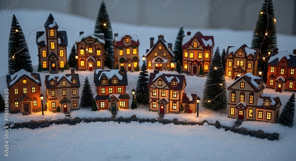Obraz premium Festive Winter Village Scene with Illuminated Miniature Houses and Snow-Covered Landscape for Holiday Decoration or Seasonal Displays