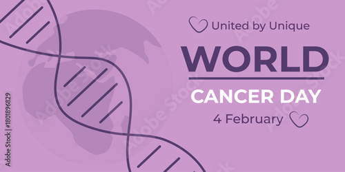 World Cancer Day.World Cancer Awareness Month.Vector illustration on the background of the earth and DNA molecules on a purple background