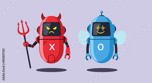 Two contrasting robots one devilish and red the other angelic and blue symbolizing good versus evil.