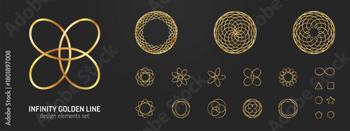 Premium gold orbit set. Circle line infinity loops movement. Abstract geometric symbols, luxury logo. Elegant vector shapes, floral elements, minimalist emblems. Jewellery business graphic concepts.