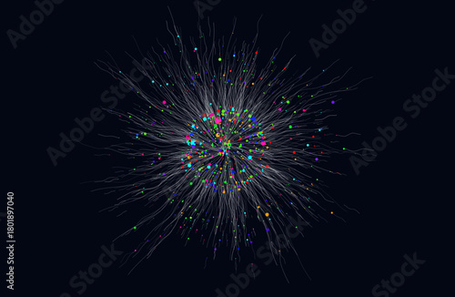 Abstract digital background. Big data light line pattern, circle vector design, network space dot energy. AI explosion. Futuristic science, cyber burst flow Electro music sound concept. Particle wave