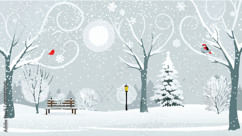 Serene winter landscape bathed in soft moonlight featuring snow covered trees and a tranquil dark sky