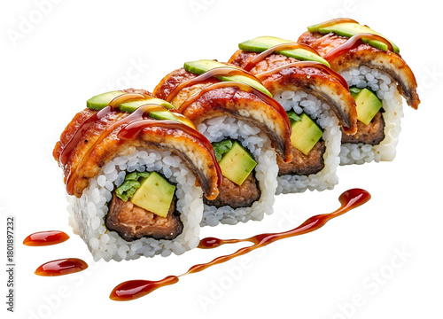 Dragon sushi roll with eel, avocado and sesame, transparent background, PNG