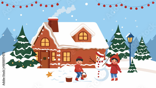 Cozy mountain village nestled in snow illuminated by warm inviting lights during a festive christmas celebration evoking a sense of holiday cheer and winter magic