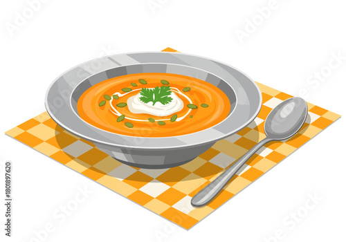 A warm, inviting bowl of creamy pumpkin soup, garnished with sour cream, green herbs, and pumpkin seeds, rests on a yellow checkered napkin with a spoon in this clean vector illustration