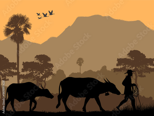 Farmer, Children, Rural life, Mountains, Silhouette, Traditional, Asian culture, Village scene, Farming, Agriculture, Countryside, 