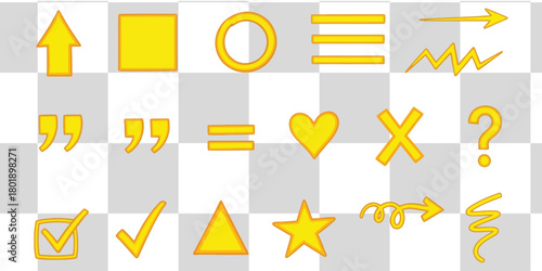Bright yellow icons like arrows, checkmarks, and symbols add vibrant visual interest to any design.