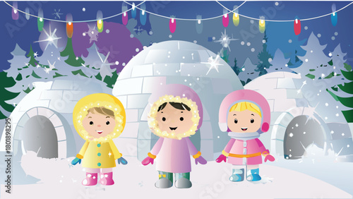 Whimsical illustration of three diverse children excitedly discovering a hidden magical igloo in a snowy landscape perfect for winter or fantasy themes