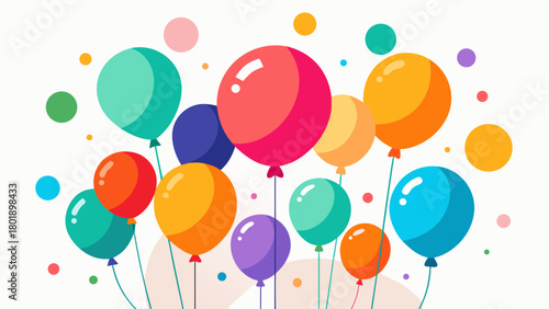 Colorful balloons floating in the air with confetti on a white background