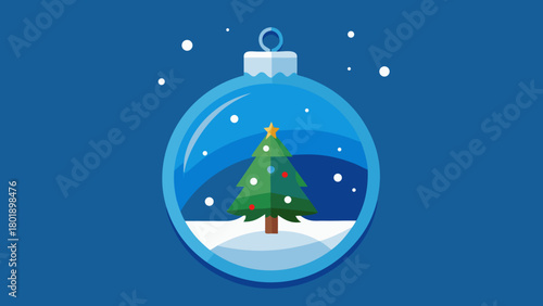 Christmas tree inside a glass ornament with snowy landscape and falling snowflakes