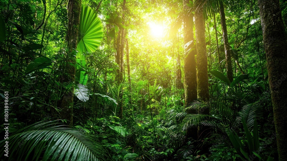 Obraz premium A dense forest landscape with towering trees, ferns, and sunlight streaming through the leaves.