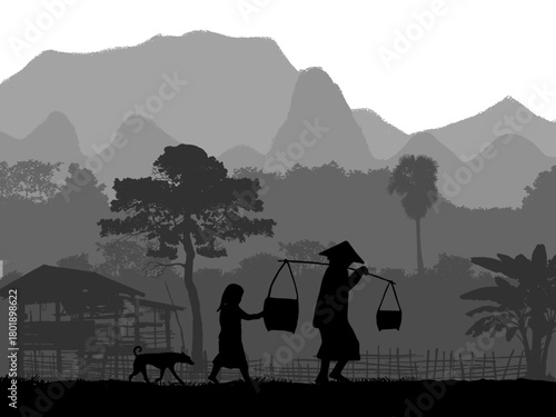 Farmer, Children, Rural life, Mountains, Silhouette, Traditional, Asian culture, Village scene, Farming, Agriculture, Countryside, 
