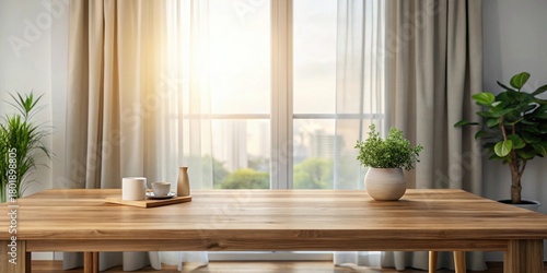 Sunlight streams through sheer curtains illuminating a minimalist wooden table setting with a plant and coffee cups