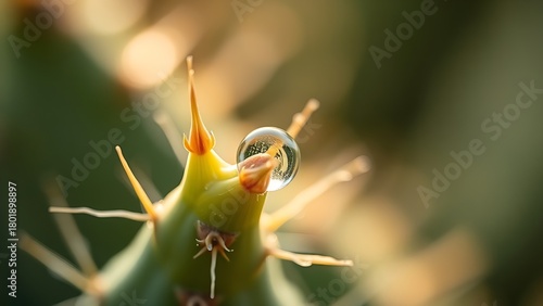 kusudama. Extreme close-up of a cactus spine with a single dewdrop at its tip in morning light. gardening catalogs, home-decor guides, designed for home decor and floral branding.