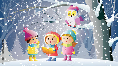 Three diverse children engage in a thoughtful conversation with a wise anthropomorphic snow owl illustrating themes of learning curiosity and intergenerational wisdom