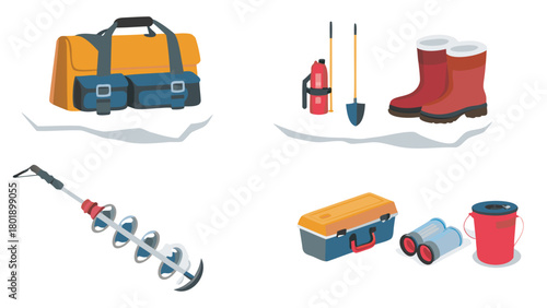 Top down illustration of premium ice fishing gear featuring essential equipment arranged for an optimal angling experience in a cold environment