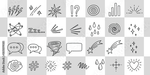 Dynamic doodle icons bursting with energy, conveying ideas, emotions, and actions for creative projects.