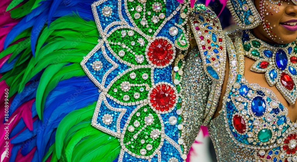 Fototapeta premium Close up of a carnival costume with feathers and jewels in vibrant colors and intricate designs
