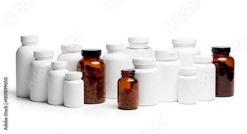 A group of white and amber plastic bottles for pills and supplements on a white background in a studio shot