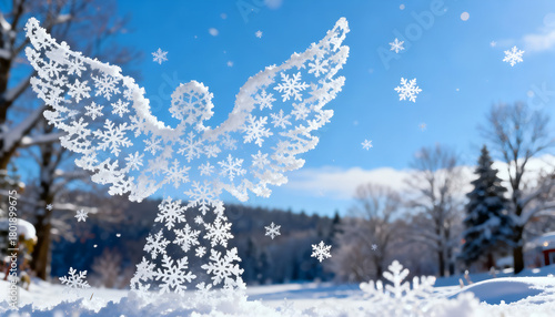 Snowflakes forming silhouette of angel wings. Soft winter symbolism.
