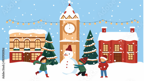 Charming village clocktower adorned with festive lights with joyful children playing in the foreground creating a heartwarming holiday scene