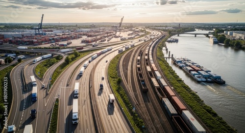 A busy highway intersection with multiple lanes of traffic, including trucks and cars, and a river flowing through the background.