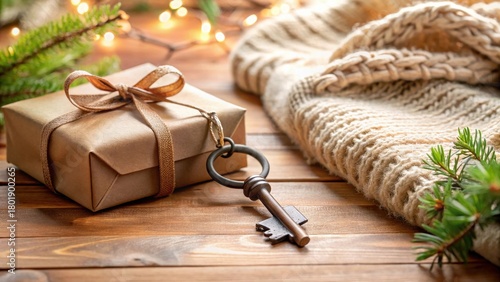 A thoughtfully wrapped gift, an antique key, soft knitwear, and festive lights create a cozy winter scene on a rustic wooden surface.
