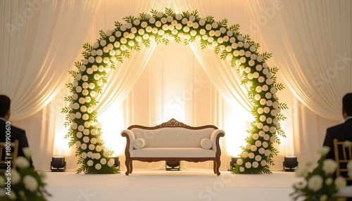 Bangladeshi nikah stage with floral half-moon arch, white roses and elegant drapes
