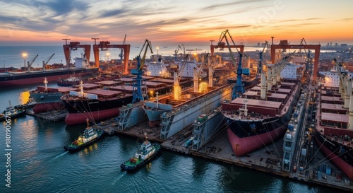 A bustling shipyard with multiple cranes and ships docked, illuminated by the setting sun, with a calm sea and a clear sky in the background.
