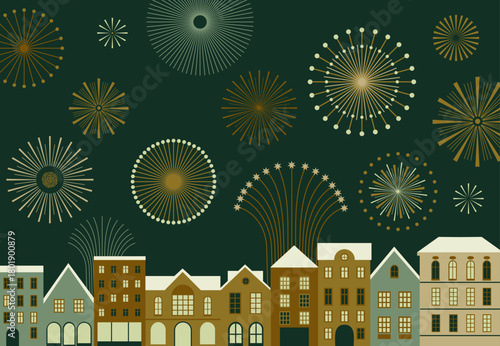 City skyline and fireworks in the night sky