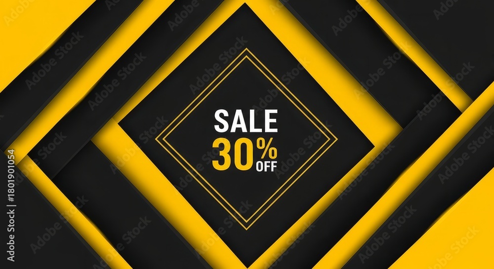 Obraz premium A sale announcement with geometric shapes in yellow and black offering a thirty percent discount