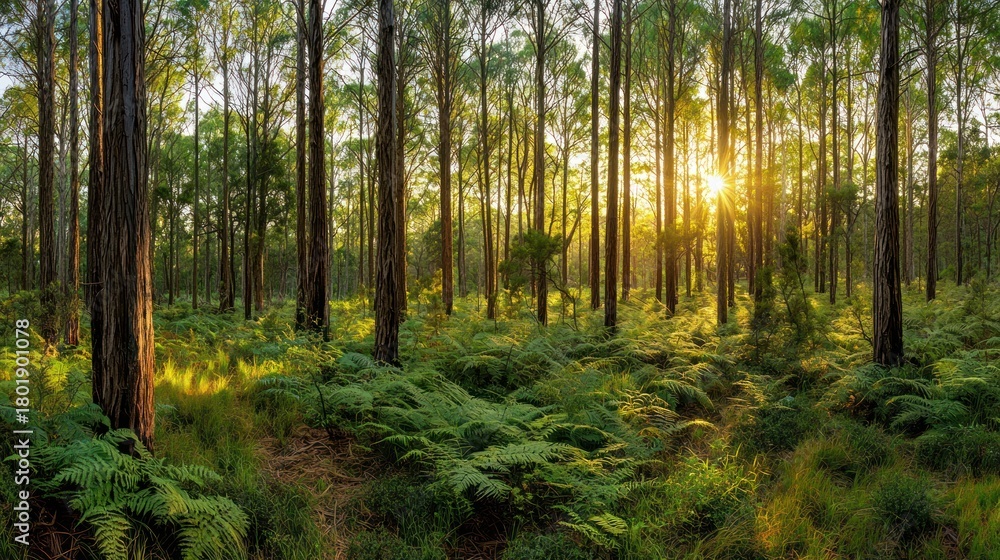 Naklejka premium A dense, green forest in the Tasmanian wilderness with towering trees and thick ferns.
