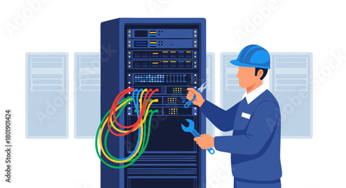 IT technician working on a server rack with cables and tools, representing data center maintenance and network infrastructure management