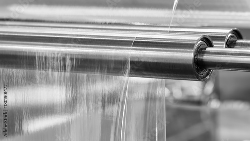 Automatic polyethylene plastic bag production machine with lighting effect. Close-up of the roller of the plastic bag production machine in the light blue scene. product packaging concept