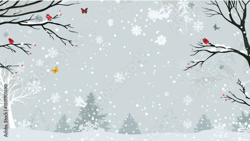 A wide cinematic winter landscape scene featuring atmospheric fog drifting through a serene snow covered environment perfect for seasonal or dramatic visual themes